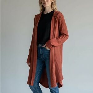 Crystree Burnt Orange Hooded Waffle Knit Cardigan